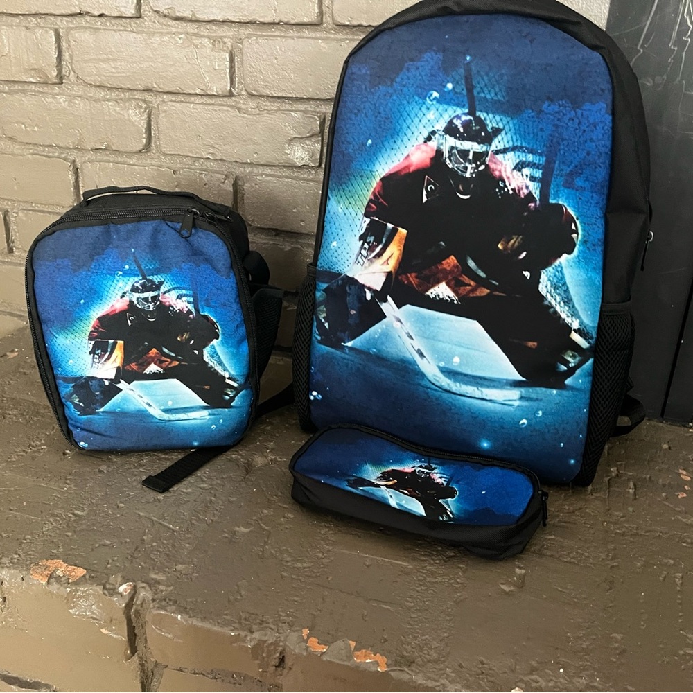 Brand New!!! Backpack, lunchbox and pencil case. A hockey goalie must have!
